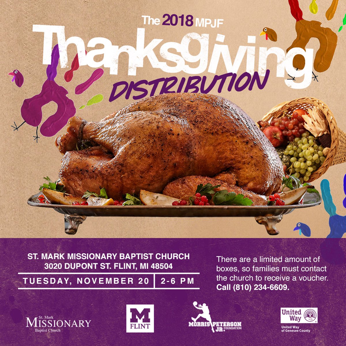 mpjfoundation's tweet photo. Flint area friends and family, help us spread the word. Our annual Thanksgiving distribution is Nov. 20. More details can be found on the flyer. #MPJF #MorrisPetersonJrFoundation #Flint #UWGeneseeCounty #UMFlint @mopete24 @Tonda_STC @CandiceMontie @MarseilleAllen @Cityof_Flint https://t.co/ljOvXVJBZp