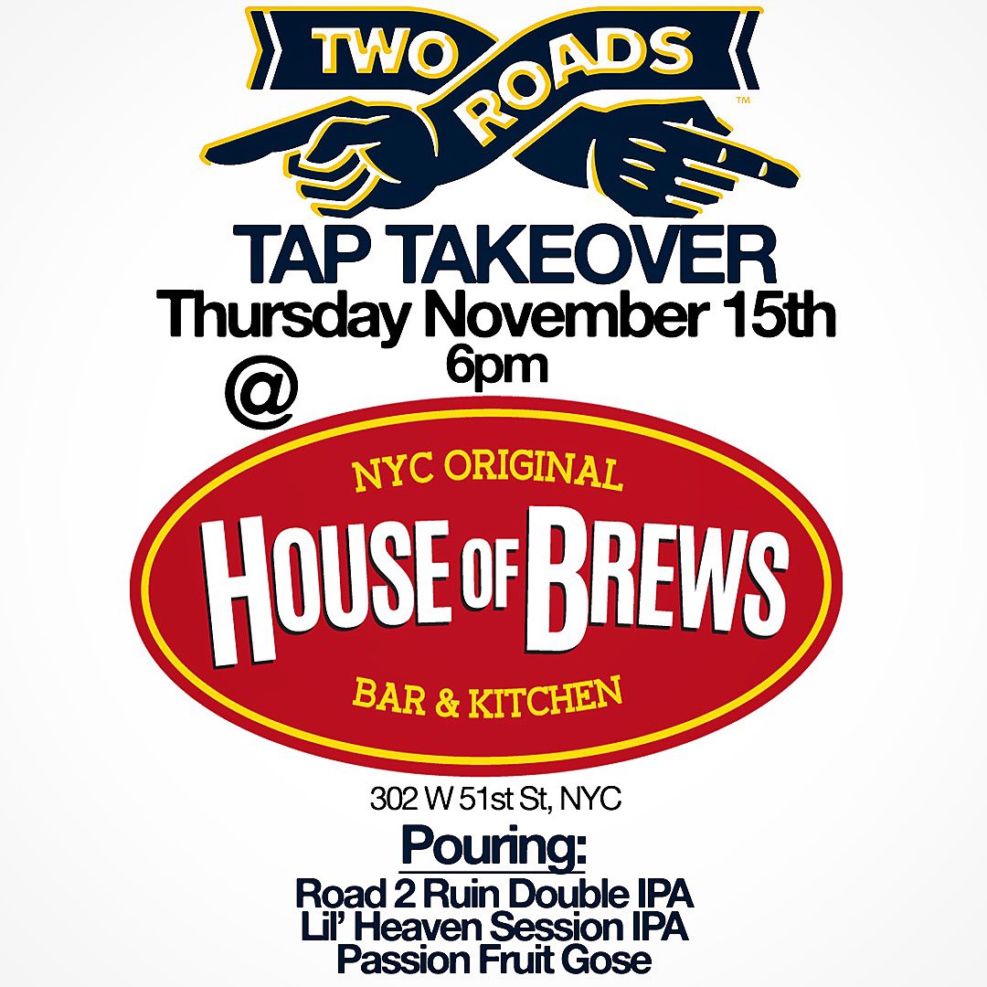2RoadsJosh's tweet photo. Join me TONIGHT for my final event with @2roadsbrewing. Excited for it to be at @BrewsNYC! Come by and drink some of our 2 top sellers and a year round Gose! https://t.co/GuMNWphbV4