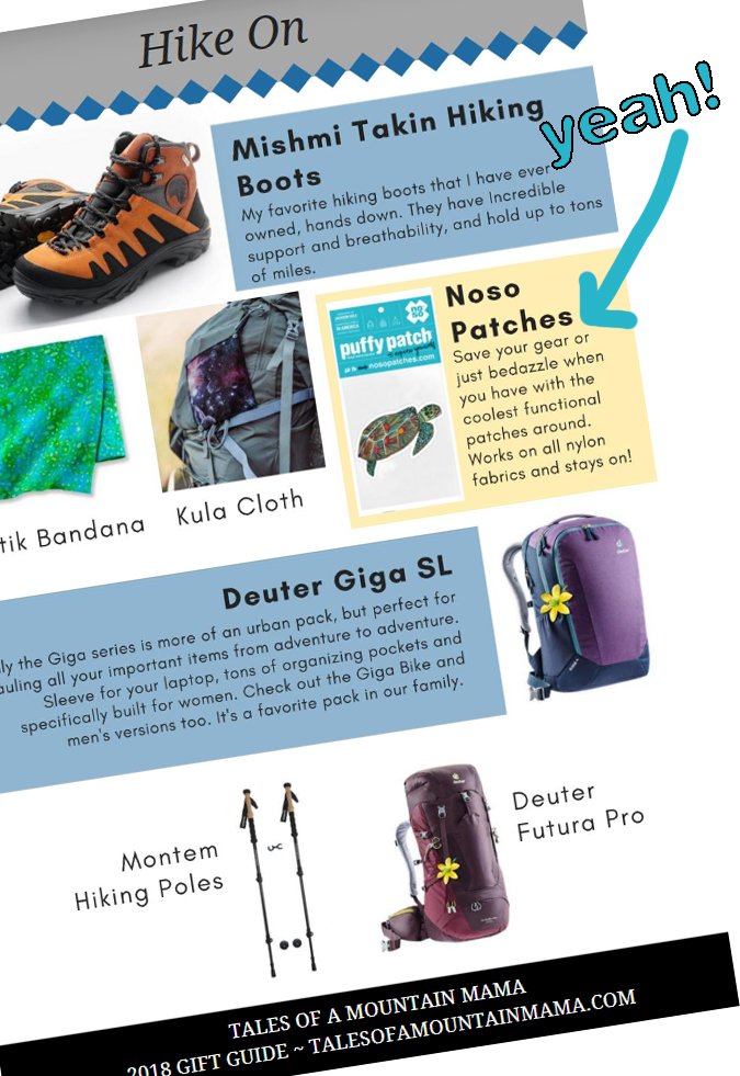 nosopatches's tweet photo. Loving this year's gift guide from @mtnmamatales! She did the work so you can be outside! https://t.co/XoCwze9fxO #giftguide #12daysofgeargiveaways #outdoorfamilies #trailtime #gearreapair #patchdazzle @DeuterUSA https://t.co/q7LczzXOPr