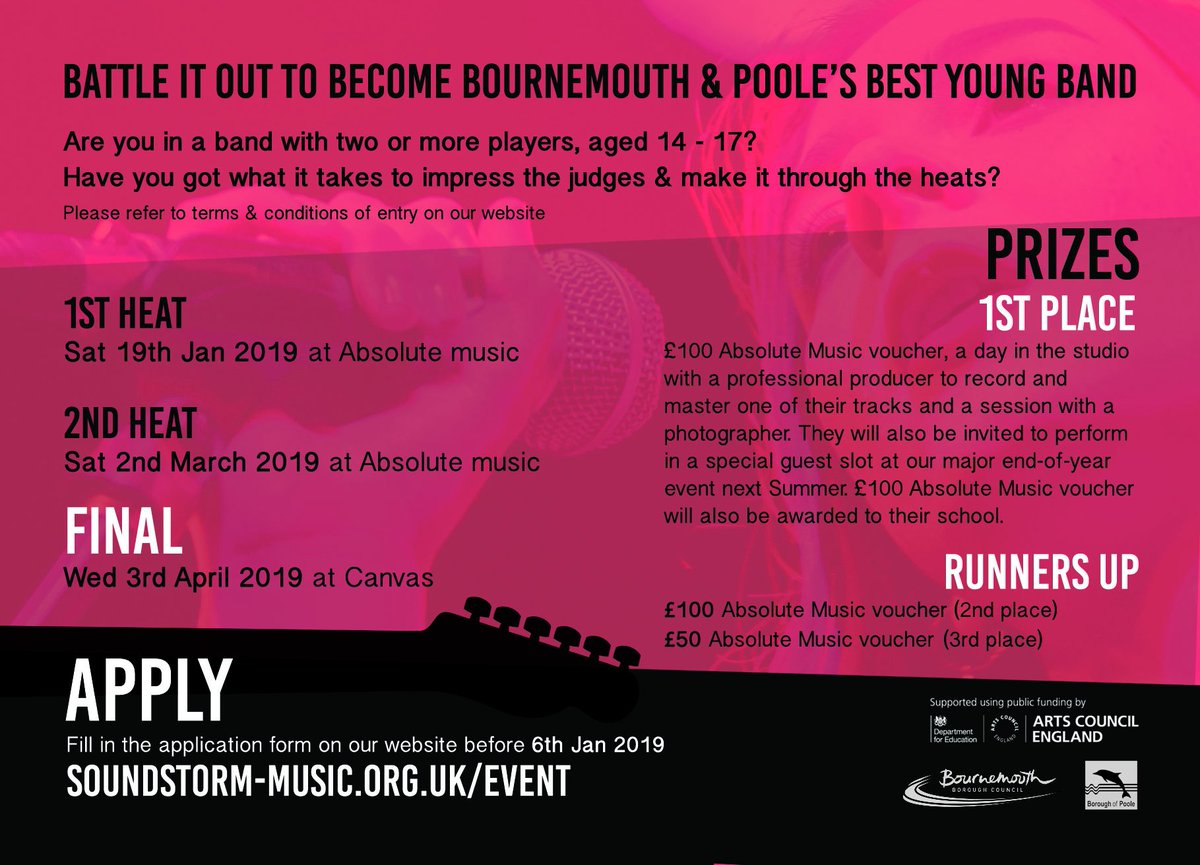 We’re on the lookout for local young bands and we need your help! Please share, tag, retweet.  
More info here:  ow.ly/zt8t50jHtuQ. @ServiceDorset <a href="/absolutemusicuk/">Absolute Music</a> <a href="/LeAF_studio/">LeAF Studio</a> <a href="/BourneAcademy/">The Bourne Academy</a> <a href="/MagnaAcademy/">Magna Academy Poole</a> <a href="/PooleGrammar/">Poole Grammar School</a> <a href="/BAMMBournemouth/">BAMM</a> #BattleOfTheBands #LiveMusic