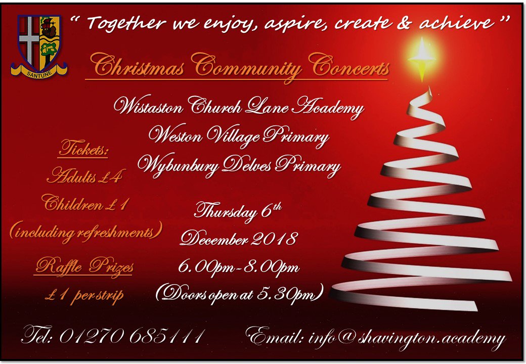 Shavington_Ac's tweet photo. Very excited to announce that tickets will finally go on sale next week for our annual #Christmas #Community Concerts!! ๐
๐๐ผ๐ผ We will be joined by pupils from our local primary schools on the evenings of Wednesday 5th & Thursday 6th December!! #feelingfestive #localcommunity https://t.co/CiyvyBCriO