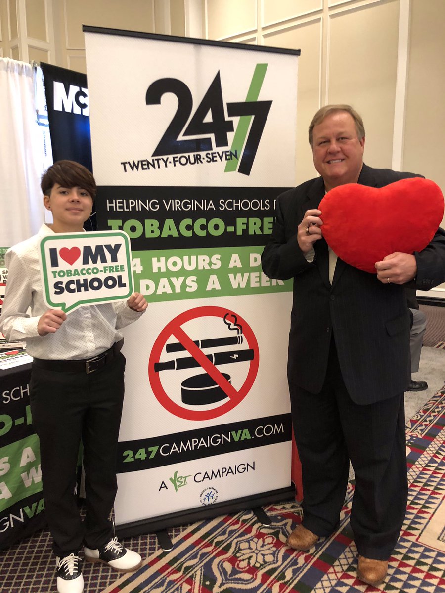 ystreetva's tweet photo. Mr. Richardson, a school board member from @YCSD , came by to visit with Krys from Tabb HS and celebrate their tobacco-free policy. #VSBA2018 @tabbdeca #tobaccofree247 https://t.co/ZnXYjz5BsQ