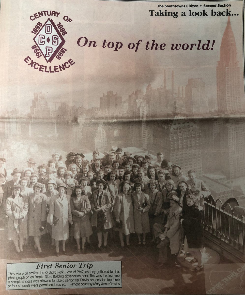 OPSchools's tweet photo. In 2018 OPCSD is celebrating 120 years! Check out the  Class of 1947 on the Empire State Building observation deck during the first ever OP senior trip. Photograph taken from the June 27, 1998 Southtowns Citizen.  #Honoringourhistory #120YearsofExcellence #ThrowbackThursday https://t.co/l6lbswKaXW