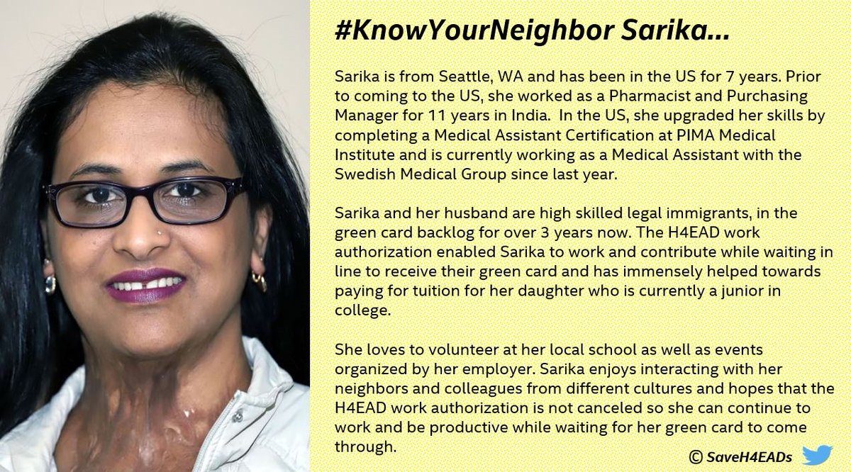 SaveH4EADs's tweet photo. In this week's #KnowYourNeighbor series meet Sarika from Seattle, WA 

She is a Pharmacist with 10+ years of work experience and is currently putting her education and experience to use as a Medical Assistant. 

Join her fight to save her legal work authorization #SaveH4EAD https://t.co/i5tkkcg9kF
