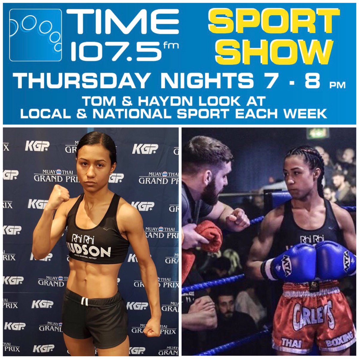 Time1075_fm's tweet photo. On the Sport Show tonight at 7pm we’ll be speaking with @MMAClinicRom’s Rhi Rhi Hudson about Muay Thai Boxing as well as taking an alternate look at the week in sport https://t.co/2wZt8fsk66