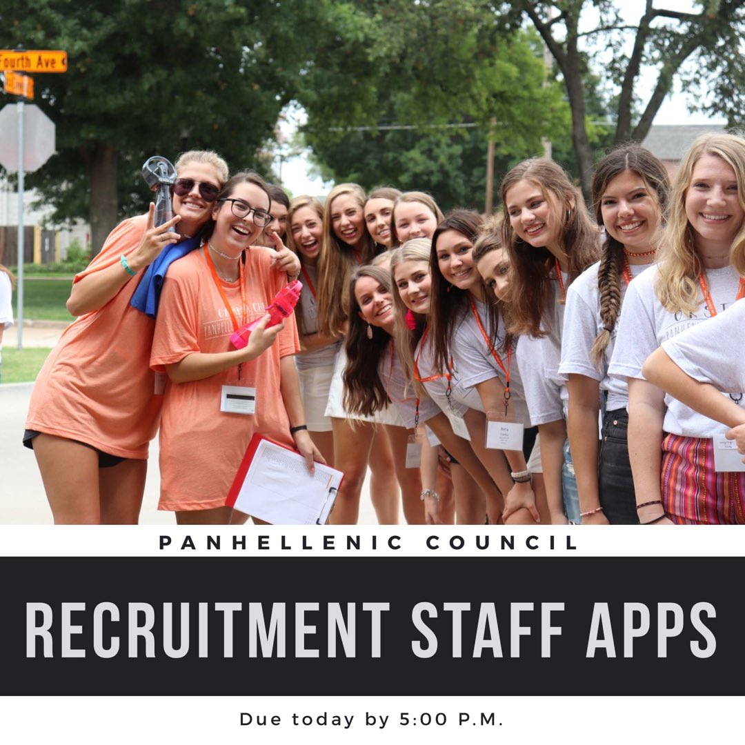 🚨TODAY IS THE DAY🚨 recruitment staff applications are due by 5:00 P.M., go to gogreek.okstate.edu NOW! You’ll have the opportunity to see the “other side” of recruitment and serve the panhellenic community, you won’t regret it!! GO GO GO!