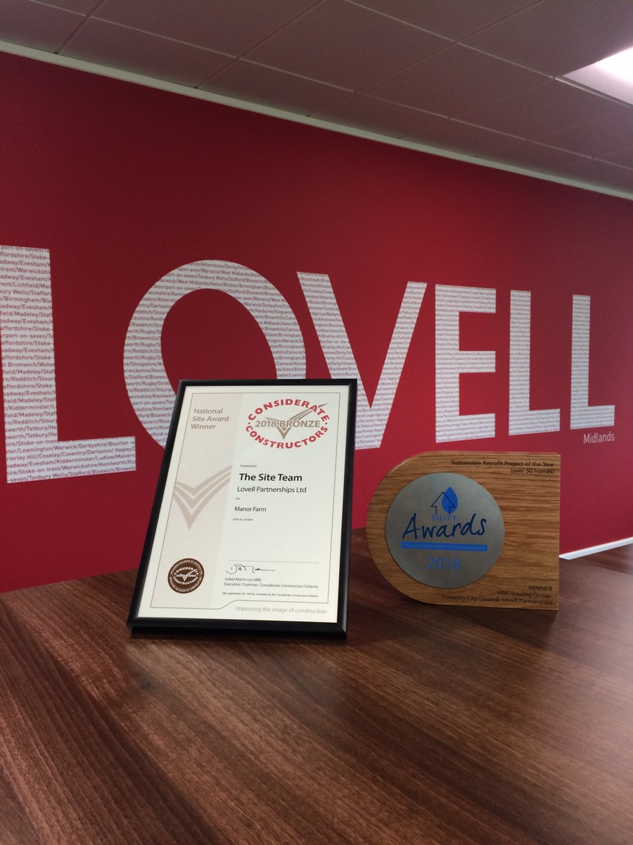 We've very proud of the team at Manor Farm working for @WMhousing for picking up two awards recently, a <a href="/CCScheme/">Considerate Constructors Scheme</a> Bronze and Sustainable Retrofit Project at the <a href="/SustHomes/">Sustainable Homes</a> #ShiftAwards! #LovellMids