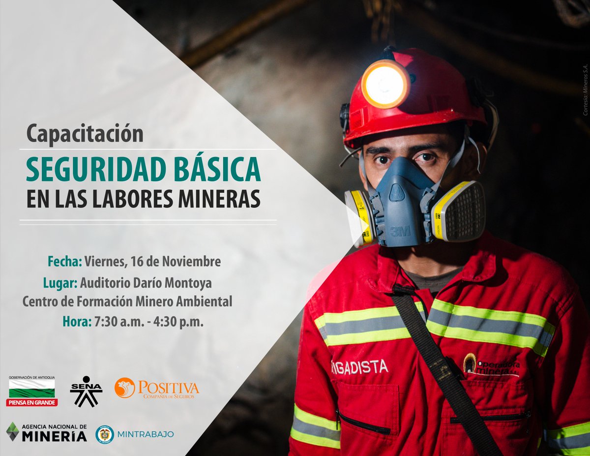 fggonzalezl's tweet photo. #Agéndate!
Jornada de Capacitación en Nivel Básico En Seguridad En las Labores Mineras
🗓 Viernes, 16 de noviembre de 2018
🕗 7:30 a.m. - 4:30 p.m.
📍 Auditorio Darío Montoya - Centro de Formación Minero Ambiental
    Entrada Libre https://t.co/bcsIr3ftJP