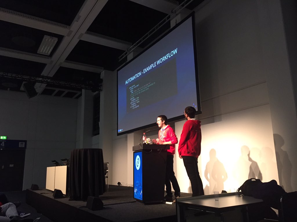 <a href="/MangerDuChien/">Arnaud Morin</a> and @juliencos speaking about tools automation used at @OVH to live-migrate 260k instances on <a href="/OpenStack/">OpenStack</a> #Mistral #CloudFlow