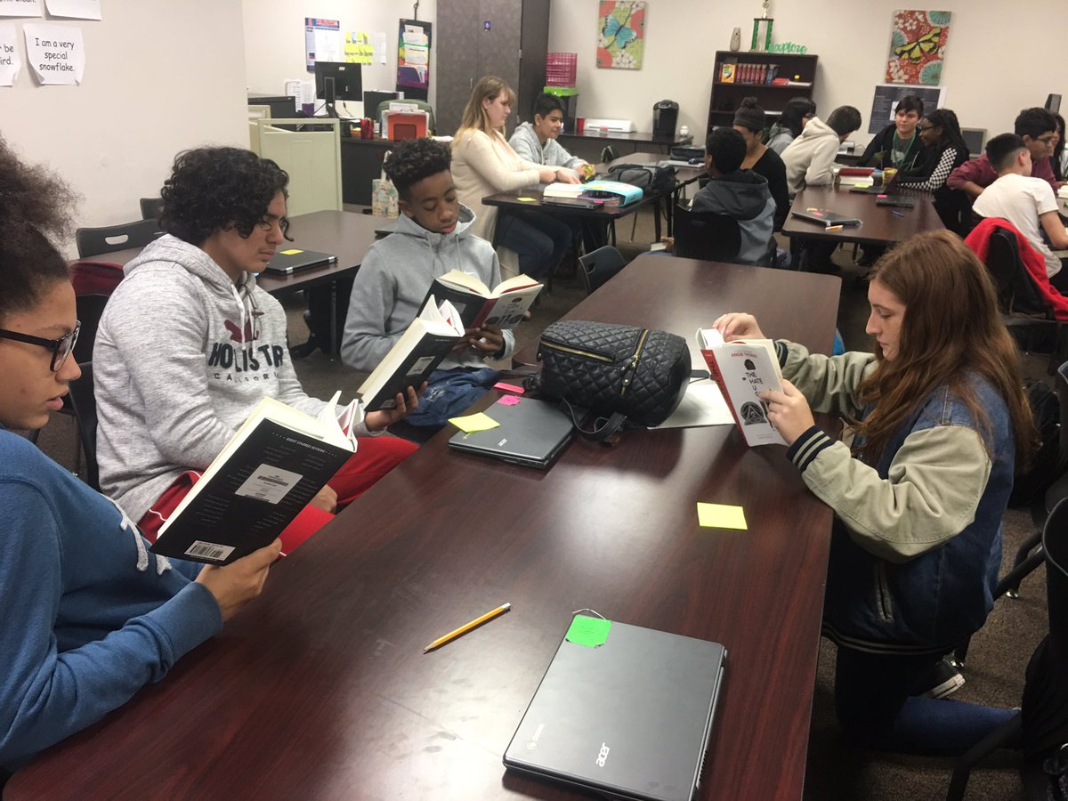 ChristiKeelen's tweet photo. Students having powerful conversation about an amazing novel and society. #QuestECHS #LiteracyWithLove @angiecthomas https://t.co/N8x98O55fA
