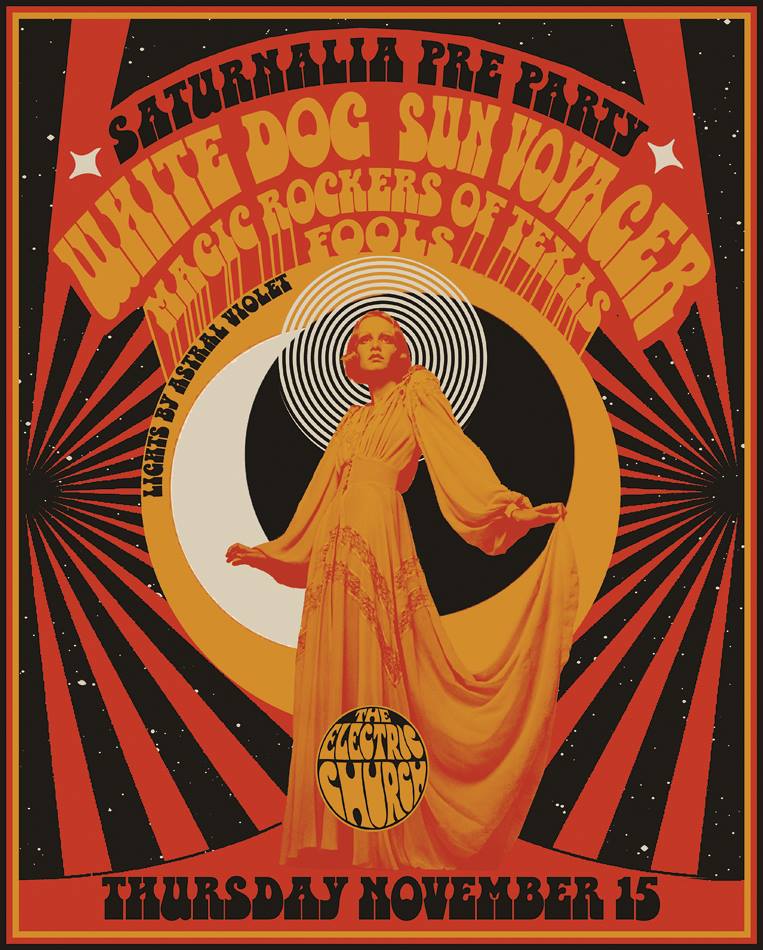 Saturnalia Pre-Party tonight at The Electric Church! w/ White Dog, Sun Voyager, Magic Rockers of Texas, and FOOLS. Plus visuals by Astral Violet facebook.com/events/4851811…