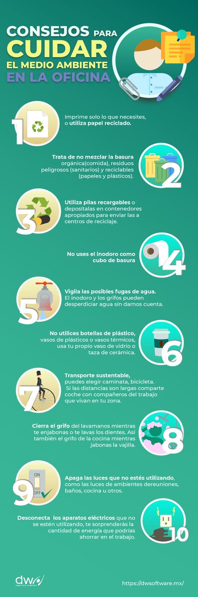 DWTrainingIT's tweet image. Les dejamos esta infografía que preparamos con los mejores consejos para cuidar el medio ambiente en la oficina 🌎🌳#DWSoftware #MedioAmbiente