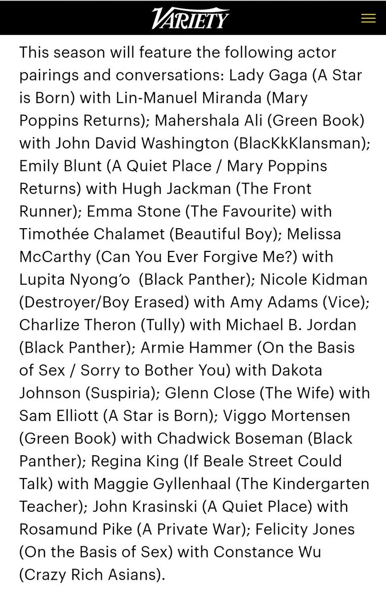 TimotheeStuff's tweet photo. Variety Studio: Actors on Actors 2019 pairings will see @RealChalamet and Emma Stone paired together. (15/11/18) [@variety] https://t.co/70cyQ8lXCx