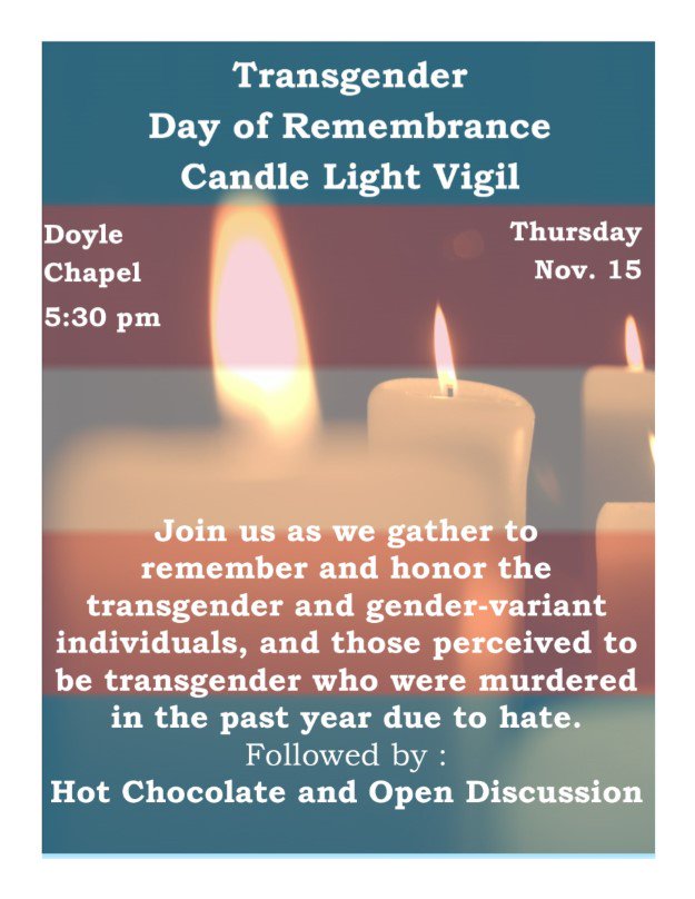 SBU_SPECTRUM's tweet photo. Join us tonight at 5:30 in Doyle Chapel as we honor those lost to hateful anti-trans violence with a candle light vigil &amp; join together to be part of the solution of creating a Transgender inclusive environment on the campus of @StBonaventure #OutAtBonas #TransgenderAwarenessWeek https://t.co/QMFhnyXiU1
