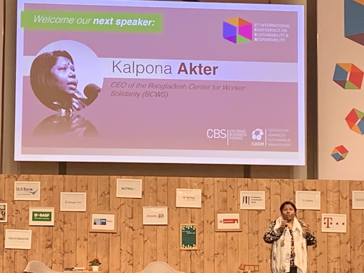 By far the most inspirational speaker of the <a href="/CASMCologne/">CASM Center for Advanced Sustainable Management</a> #8ICSR conference <a href="/kalponaakter/">Kalpona Akter</a> on what #sustainability means for workers in Bangladesh - #fairpay #nodeaths #accountability #legal #compliance NOT #csr A well deserved standing ovation. Thank you