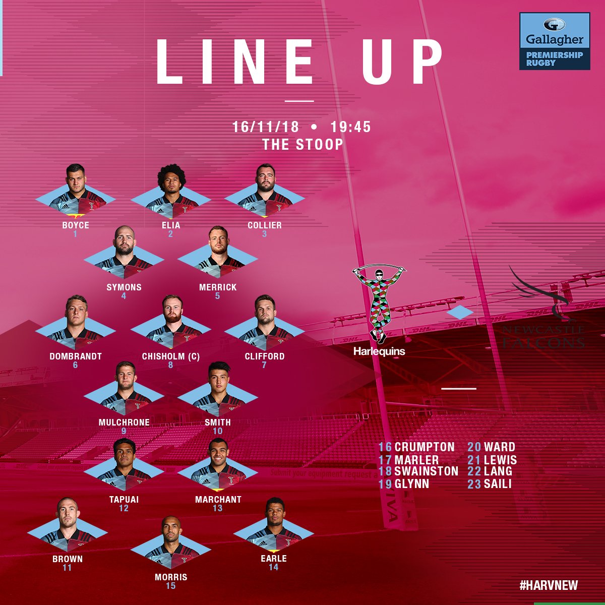🏉 v @FalconsRugby 
🏆 <a href="/premrugby/">PREM Rugby</a> Round 7
📆 Friday 16th November
⏱ Kick-off 19:45 
🏟 The Stoop
❌ Not televised live
🎟 tickets.quins.co.uk
💻 quins.co.uk
📲 #HARvNEW
⬇️ Team news