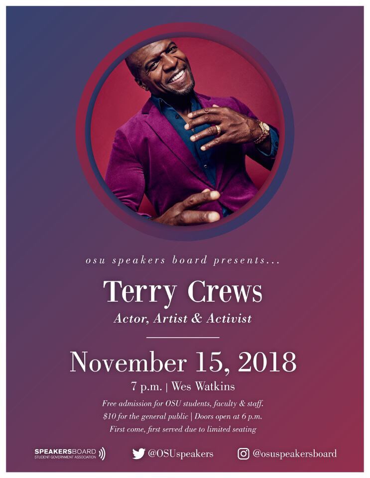 Terry Crews is coming to Stillwater TONIGHT! Who is excited??

Meet us in the Wes Watkins Center at 7 PM. Doors open at 6 PM. 

Tickets are FREE with a valid OSU ID. Tickets may also be purchased at the door for $10. CASH ONLY. See you at 7!