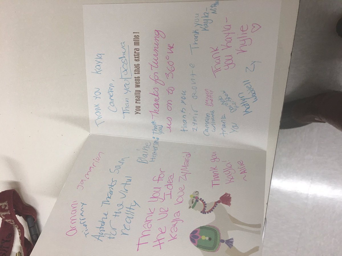 ksullivan118's tweet photo. It made my day getting a thank you card from students at a different middle school in a different state after I had shown VR 360 to a fellow educator! She took it, ran with it, and her kiddos loved it! #unionmiddle #NC2SC #MGgators #exploretheVR https://t.co/Tt7YH1M1vh