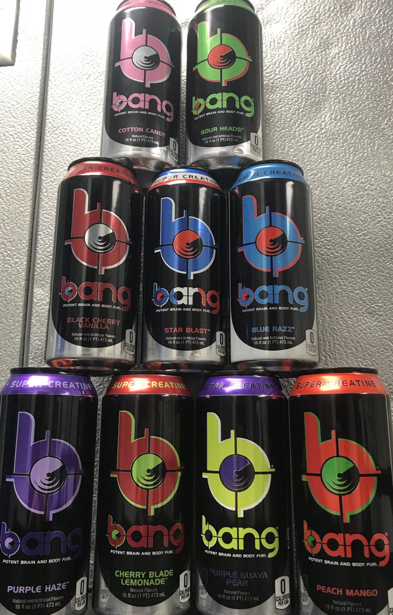 PeckJens's tweet photo. Now selling bang! BANG Energy Drink is a "workout" type of energy drink made by VPX Sports, the maker of Redline.

BANG is marketed as a fat loss aid and energy stimulator for those trying to increase their workout intensity and lower body fat percentage. https://t.co/OV7mf8XBeF