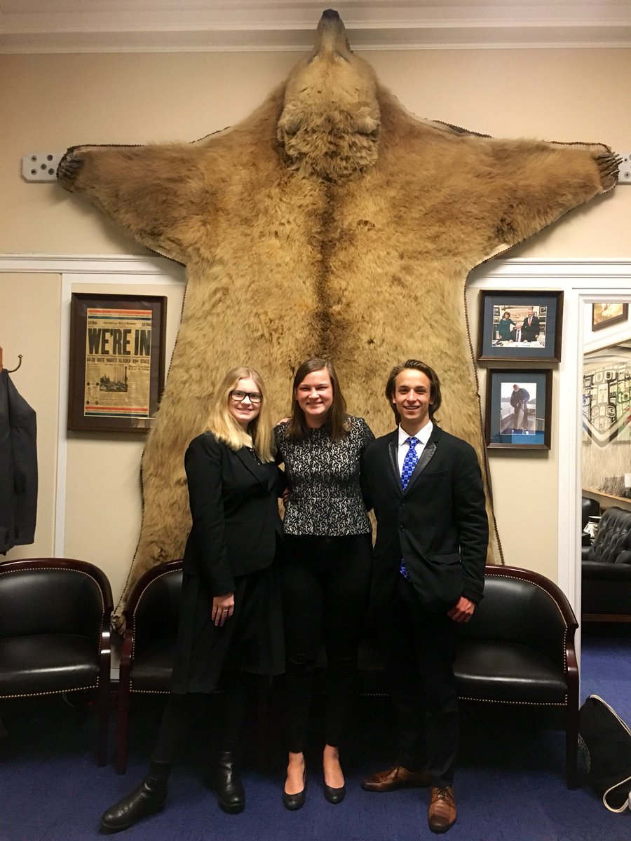 Amelie and Maxim, exchange students from #Germany hosted in #Alaska, had a great time discussing the beauty of their host state with Ms. Eleanor Gray Mullen from <a href="/repdonyoung/">Rep. Don Young</a> ‘s team! And just look at that 🐻 #CivEdWeek