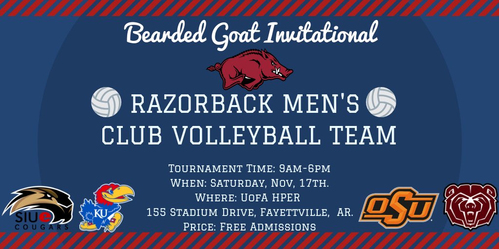 UARKclubVBall's tweet photo. Don't forget that this Saturday is our first home tournament of the year! Games starting at 9 at the HPER, see you there! #BeardedGoatInvitational https://t.co/DT2u5tiQZp