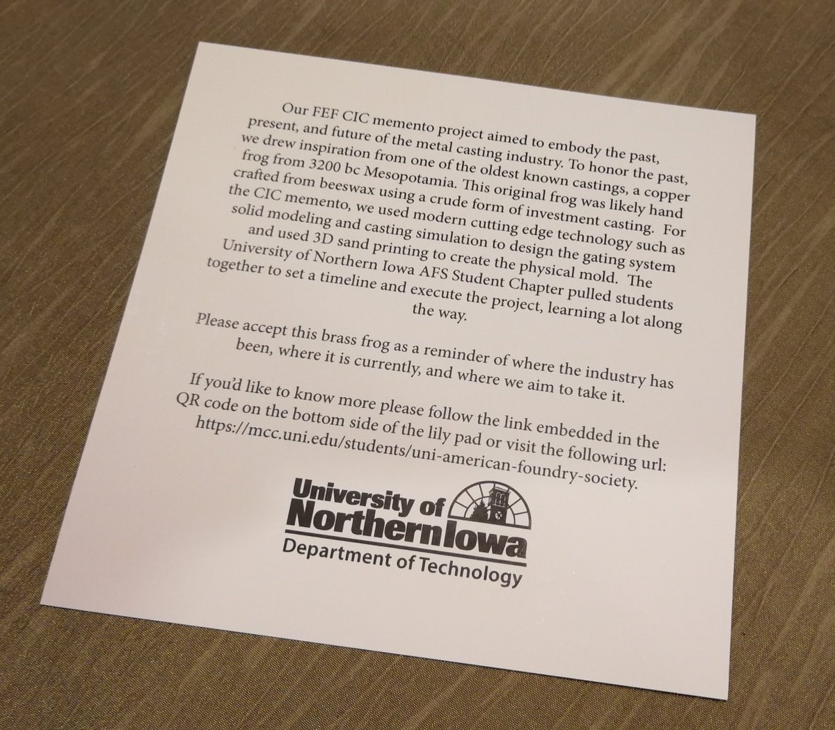 So proud of the <a href="/uni_mcc_amc/">Metal Casting Center</a> students! Great work on designing and production of a replica of the first bronze #metalcasting! #FEFCIC