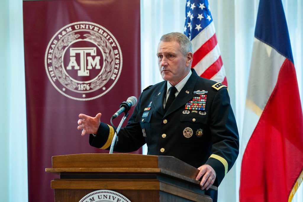 TAMU's tweet image. We’re excited to welcome Gen. John M. Murray, commanding general of @armyfutures, to campus today! Welcome to Aggieland! #FuturesCommand