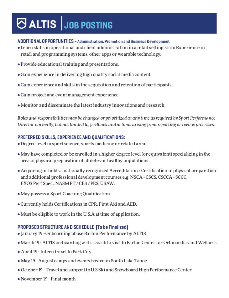 StuartMcMillan1's tweet photo. Once again, @ALTIS is hiring!

This is an awesome PAID internship position with our team in amazing South Lake Tahoe.  As well as mentorship from @NickWardUK &amp;  @barton_perform this role is also supported by @usskiteam.  

A great opportunity for any young coach

Please RT!!! https://t.co/2McSV6vqsg