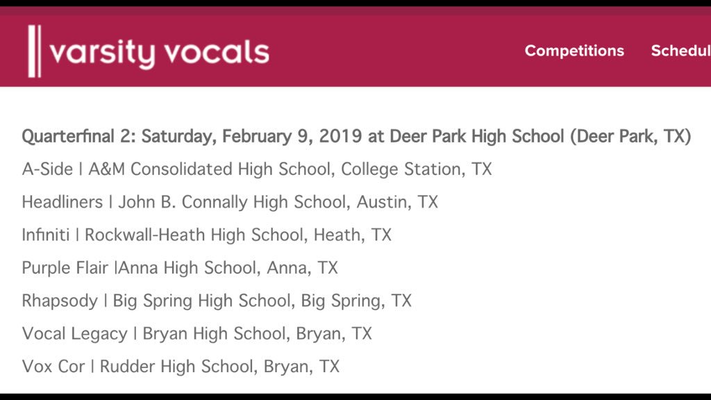 .<a href="/Vocal_Legacy/">Vocal Legacy</a> will be competing in the #ICHSA <a href="/varsityvocals/">Varsity Vocals</a> Southwest Quarterfinal in Deer Park, TX on February 9th!!! Congrats to our friends at  @rudderchoir Vox Cor &amp; <a href="/AMConsolChoir/">AMCHS Choir</a> A-Side!!! <a href="/BryanHighChoir/">Bryan High Choir</a>  <a href="/Brittanyggibson/">Brittany Gibson</a> 
<a href="/LaneBuban/">Bryan High School</a> <a href="/bhsnorseman/">Bryan High Norseman</a> <a href="/BryanISD/">Bryan ISD</a>
