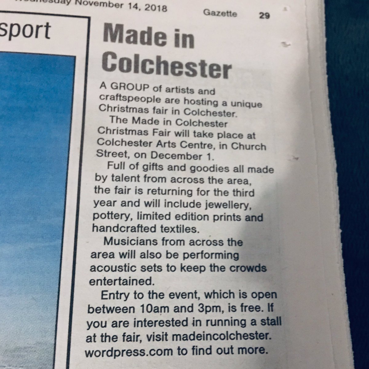 Made in Colchester (@madecolchester) on Twitter photo <a href="/TheGazette/">The Gazette</a> today (below). Make sure you mark Sat 1st Dec in your diaries - lots of festive fairs and opportunities to #shoplocal that day - as well as our fair <a href="/ColchesterArts/">ColchesterArtsCentre</a>, @CI_Minories and <a href="/TrinityStColch/">TrinityStreet</a> are also running fairs. Check out this creative triangle of events! <a href="/TheGazette/">The Gazette</a> today (below). Make sure you mark Sat 1st Dec in your diaries - lots of festive fairs and opportunities to #shoplocal that day - as well as our fair <a href="/ColchesterArts/">ColchesterArtsCentre</a>, @CI_Minories and <a href="/TrinityStColch/">TrinityStreet</a> are also running fairs. Check out this creative triangle of events!