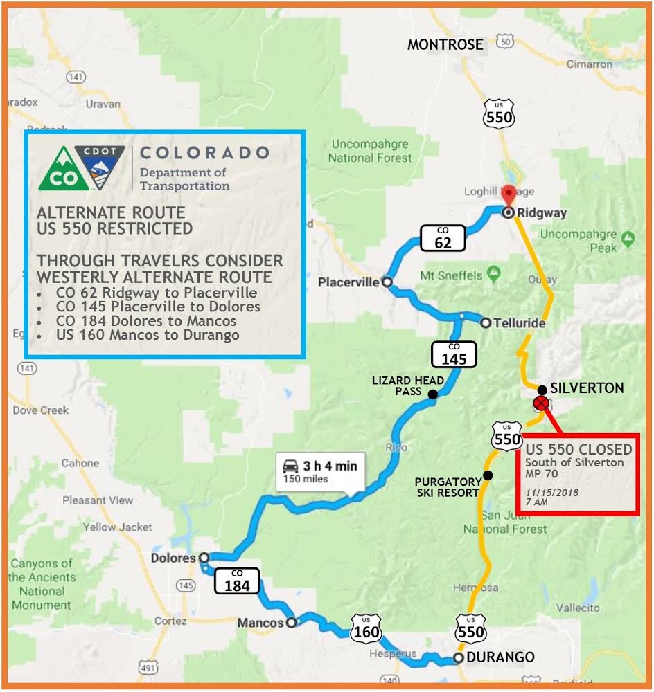 ColoradoDOT's tweet photo. #SWCODOT UPDATE: US 550 REMAINS CLOSED. Awaiting the arrival of an empty tanker to transfer flammable material before attempting to upright crashed tanker. No ETO. 
Consider alt route via CO 145. 
#Silverton #SanJuanCounty #Ouray #Ridgway #OurayCounty #Durango #LaPlataCounty https://t.co/ANTXlTZtyv