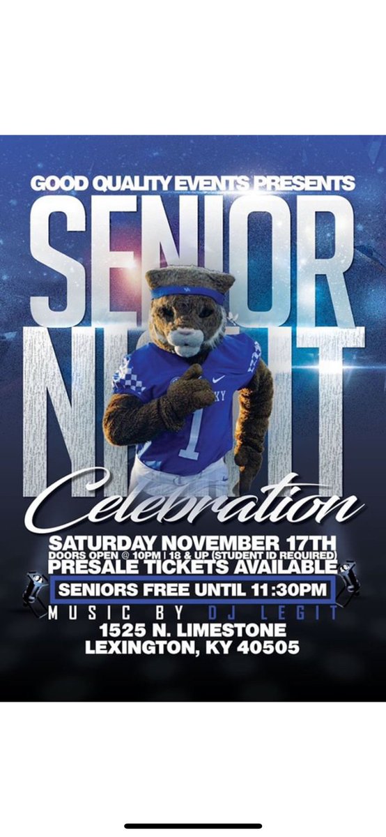 eventsGQ's tweet photo. ALL STUDENTS WELCOME! $5 presales available now!| Senior, Greek and athlete discount all night!| first 5 people to repost and tag 10 people (including @gq_events ) will get a FREE ticket! #ukseniornight #GQEvents #UK22 #UK21 #UK20 #UK19 https://t.co/MKwYessz0C