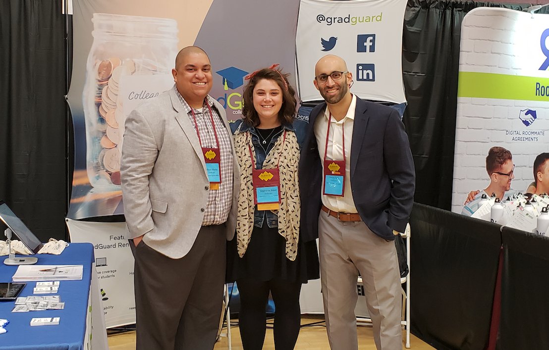 GradGuard's tweet photo. In honor of #sundevilgratitudeday, we are grateful for @sraebaker6 @sj_fucci and @wimeralberto representing GradGuard at #AIMHO2018! https://t.co/0lNO5Fs2NV