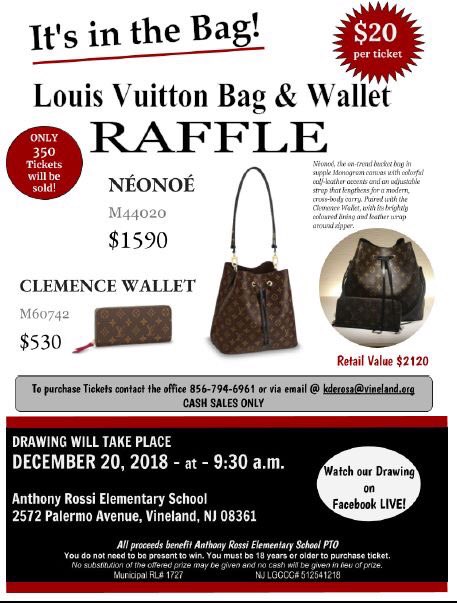 rossi_school's tweet photo. Louis Vuitton Bag &amp; Wallet Raffle!  Valued at over $2100.  Drawing will take place on December 20 @ 9:30 a.m. Facebook Live.  $20/ ticket  Cash Only!  Call Rossi at 856-794-6961 or email kderosa@vineland.org.  Ticket sales will be available during parent-teacher conferences. https://t.co/jZQC3Osb8j