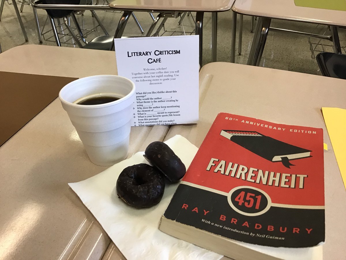 CVHSENG's tweet photo. What to do on yet another cold, dreary day? Drink coffee and discuss books, of course! The Literary Criticism Cafe was a huge hit with Ss as they delved deep into the world of Fahrenheit 451. 🌧☕️🍩📘

#grizzlygreatness #makelitmatter #tqemethod @CVHSGrizzlies @CherokeeSchools https://t.co/XXb44xjSEB