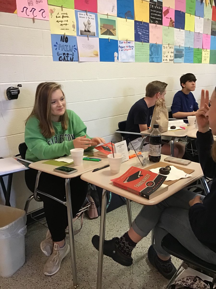 CVHSENG's tweet photo. What to do on yet another cold, dreary day? Drink coffee and discuss books, of course! The Literary Criticism Cafe was a huge hit with Ss as they delved deep into the world of Fahrenheit 451. 🌧☕️🍩📘

#grizzlygreatness #makelitmatter #tqemethod @CVHSGrizzlies @CherokeeSchools https://t.co/XXb44xjSEB
