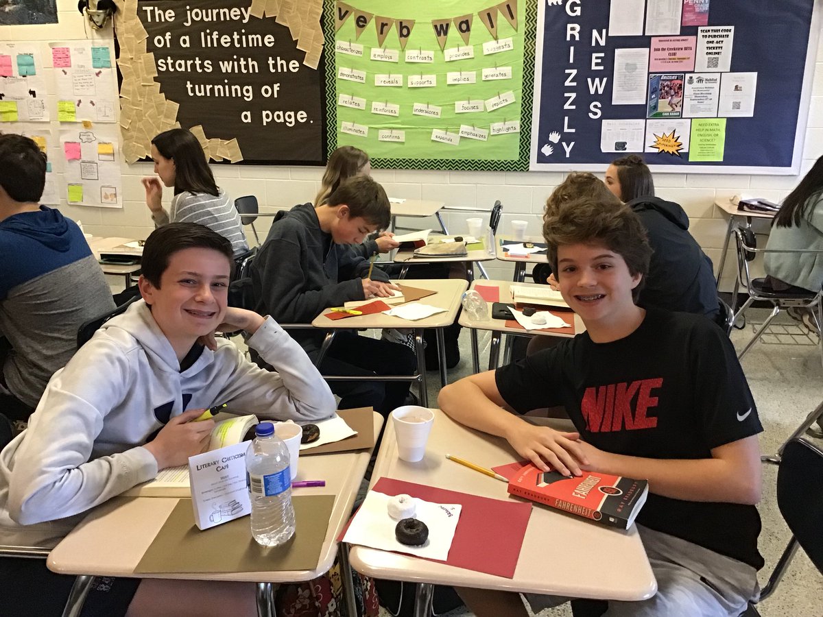 CVHSENG's tweet photo. What to do on yet another cold, dreary day? Drink coffee and discuss books, of course! The Literary Criticism Cafe was a huge hit with Ss as they delved deep into the world of Fahrenheit 451. 🌧☕️🍩📘

#grizzlygreatness #makelitmatter #tqemethod @CVHSGrizzlies @CherokeeSchools https://t.co/XXb44xjSEB