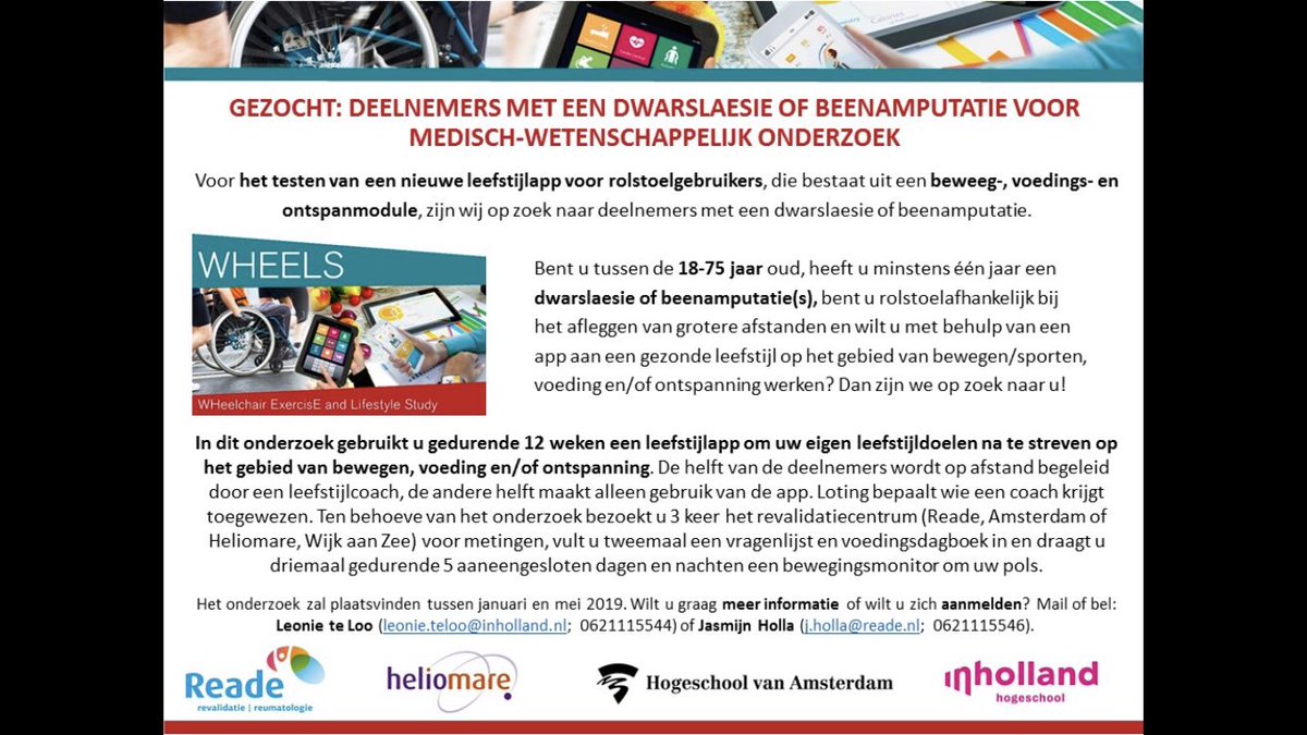 DeGrootSonja's tweet photo. Gezocht: Rolstoelgebruikers met een dwarslaesie of amputatie die mee zouden willen werken aan wetenschappelijk onderzoek waarin een nieuwe leefstijlapp wordt getest! De app bestaat uit een beweeg-, voedings- en ontspanmodule. Interesse? Zie de informatie hieronder! https://t.co/O41F3LPMRT