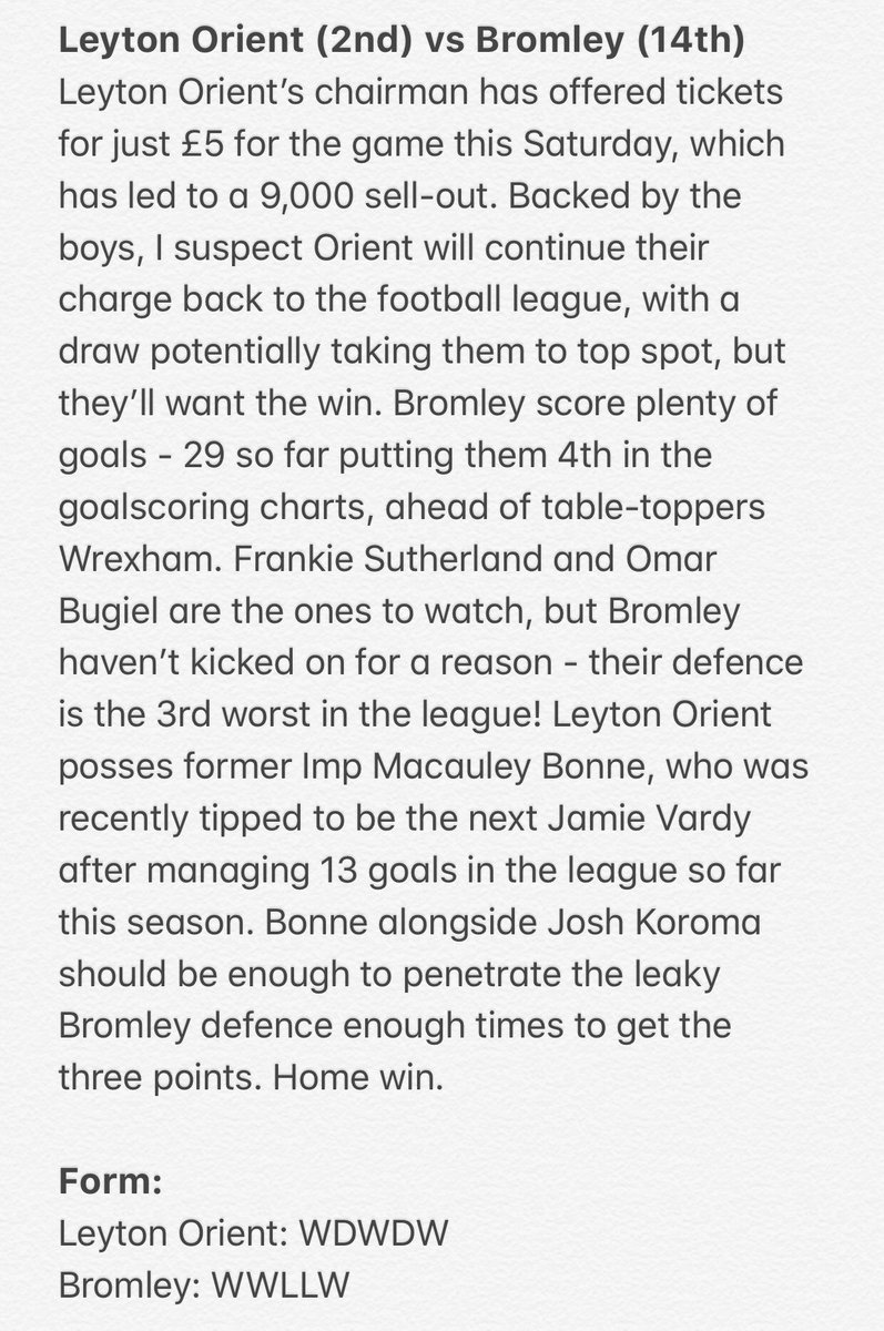 Right then! Tricky is back and he’s gone for a Luton, Peterborough, Forest Green and Leyton Orient 4-fold. 

Current odds: 12/1 (SkyBet)

Preview ⬇️