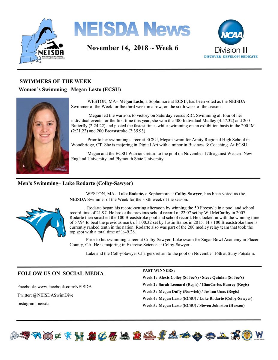 NEISDASwimDive's tweet photo. Congratulations to this week's Athletes of the Week

Female Swimmer: Megan Lasto (ECSU)
Male Swimmer: Luke Rodarte (Colby-Sawyer)

Female Diver: Brielle Bergeron (University of St. Joseph)
Male Diver: Alexander Belinsky (Bridgewater State)

https://t.co/sH2dm8Vai7 https://t.co/gCWjswIDpA