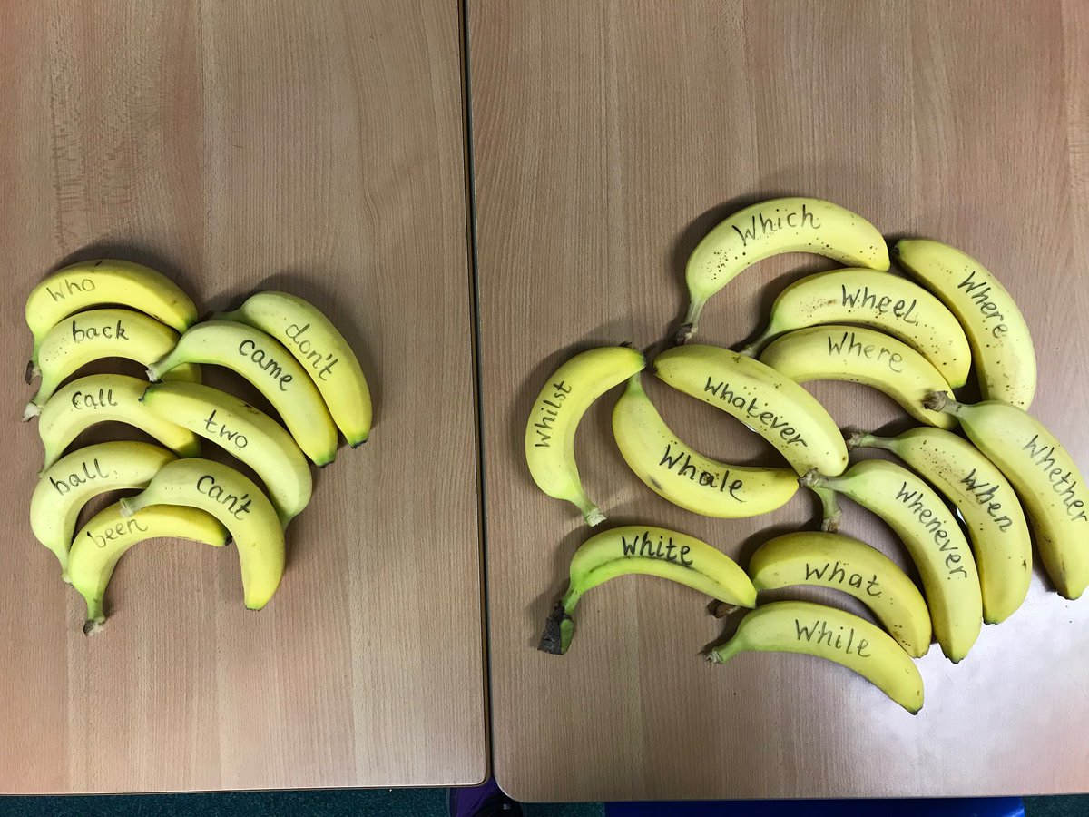 N_O_P_A's tweet photo. The spelling bananas are ready for Yr1 in the morning. Who thinks they can read the word, eat it and then spell it again? 🍌 https://t.co/l4jCeybOGS
