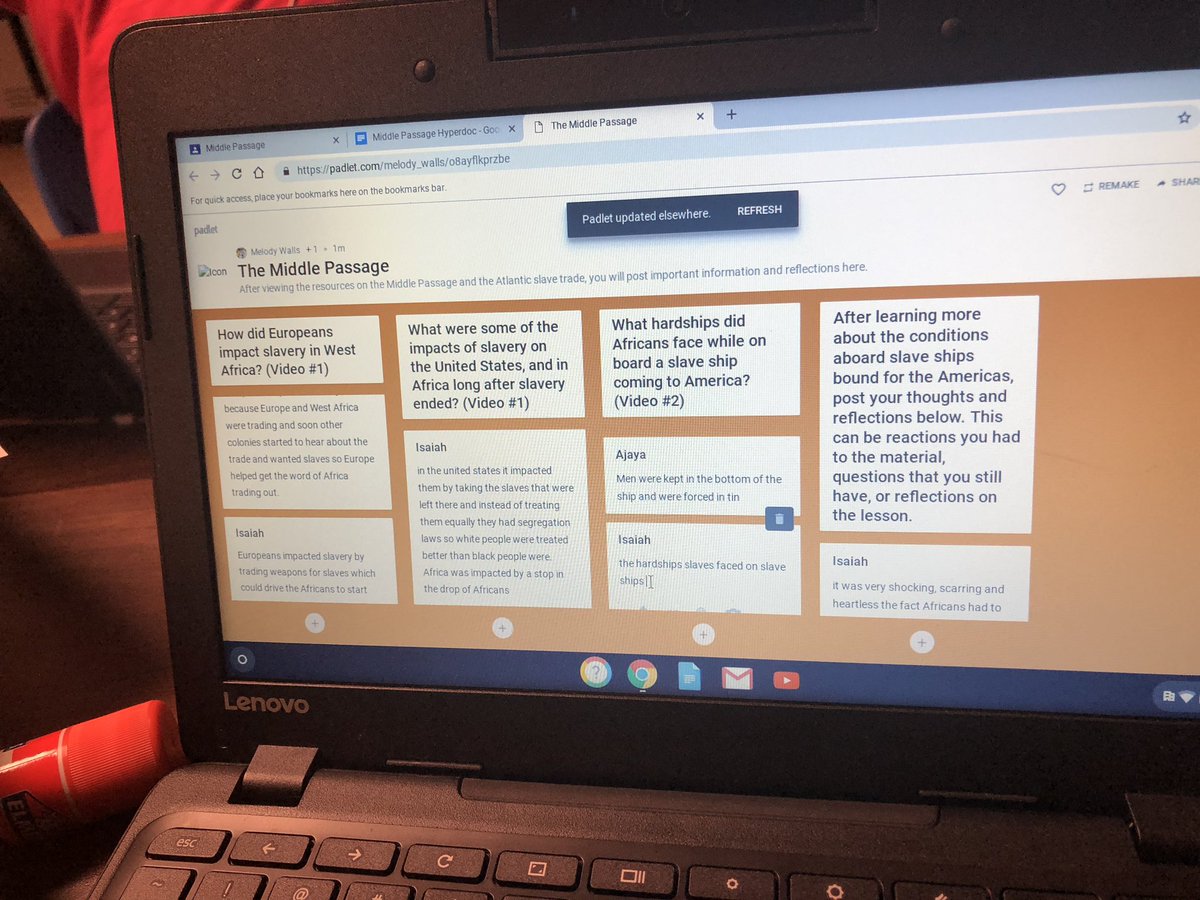 mwallsteaches's tweet photo. Ss exploring resources through a hyperdoc to learn about the Middle Passage. Seeing some students address their own misconceptions as they gained knowledge was powerful. #everystudentengaged #weareJCPS #iteachfifth #growthmindset https://t.co/BsGorY15Gk
