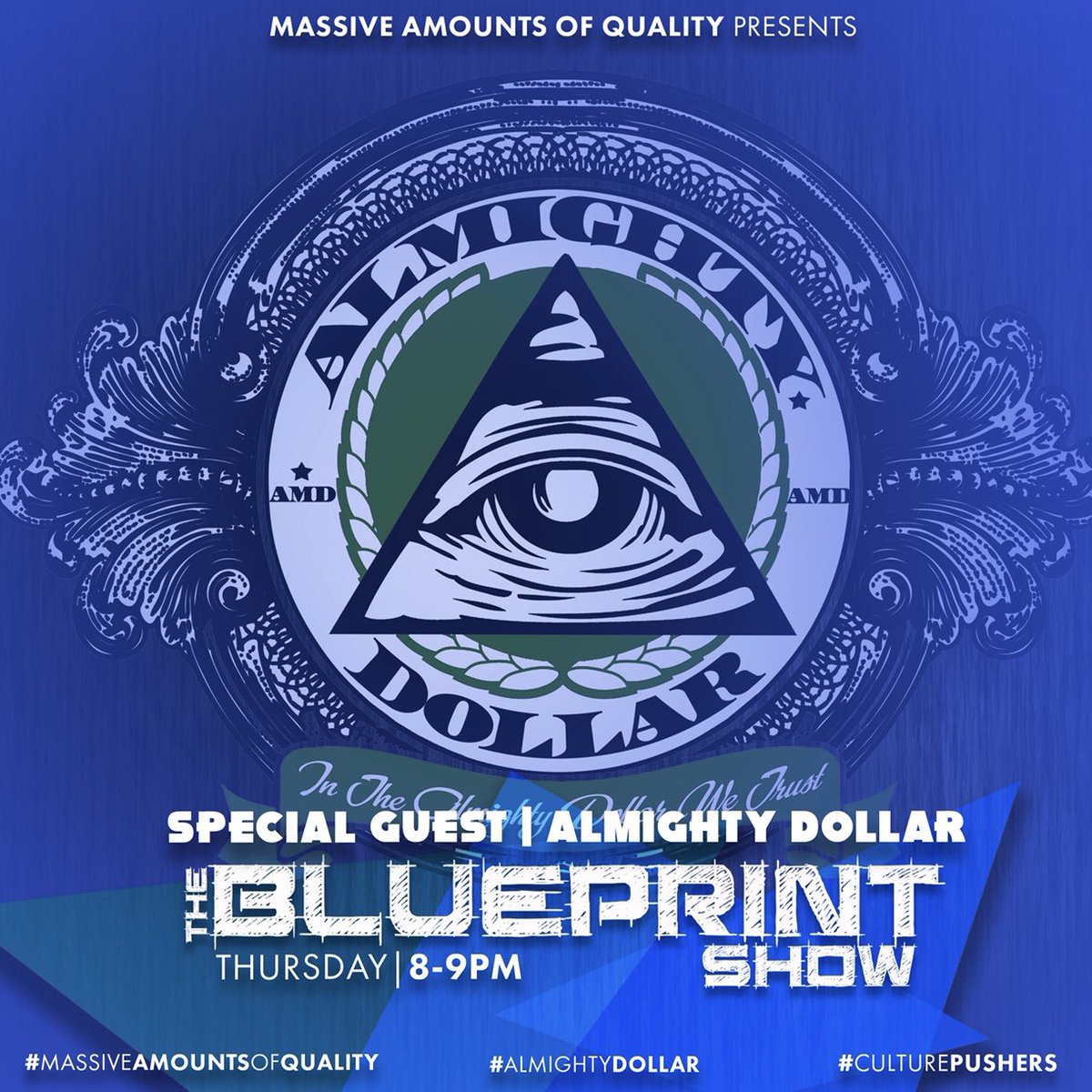 In_AMD_We_TRUST's tweet photo. #MassiveAmountsofQuality Presents @NOLABlueprint w| Special Guest A.M.D. @In_AMD_We_TRUST TODAY on @WBOK1230 from 8-9 P.M. Tune in as we talk about the new Single #DRIP + What’s next for #AlmightyDollar #TuneIn https://t.co/9MF2jmn5Ai