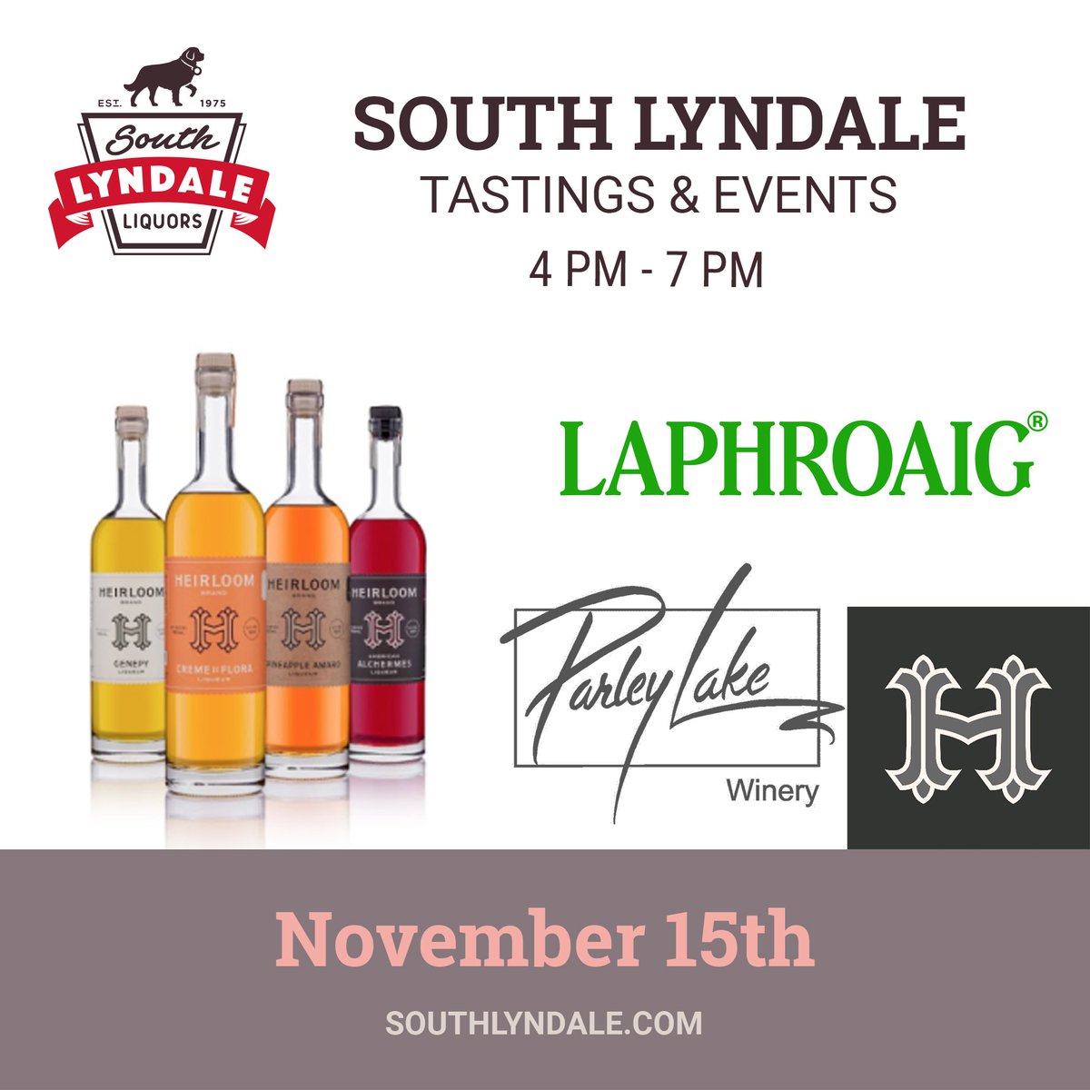 It's Thirsty Thursday! We've got an interesting lineup for your afternoon pleasure. Sip &amp; Shop with:
<a href="/ParleyLakeWine/">Parley Lake Winery</a> 4 PM - 6 PM
<a href="/Laphroaig/">Laphroaig Whisky</a> 4 PM - 7 PM
<a href="/heirloomliqueur/">Heirloom Liqueurs</a> 4 PM - 7 PM (Bittercube's New Line!)
----
#SLL #southminneapolis #Mpls #Minneapolis #Bittercube #Firstsnow