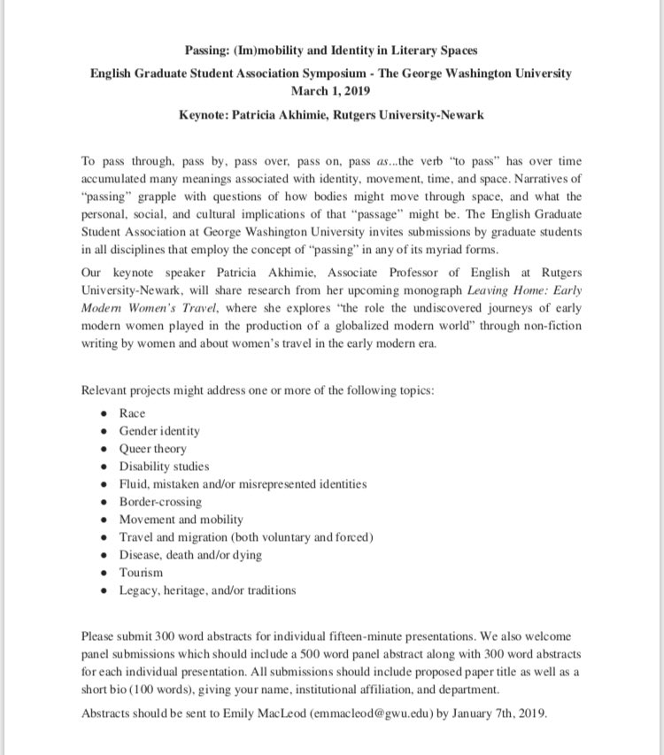 essm714's tweet photo. DC area grad students - check out this CFP for the 2019 GWU English graduate symposium on March 1!Featuring the amazing @pakhimie. Submissions due Jan 7 https://t.co/WVCcWIgXwV
