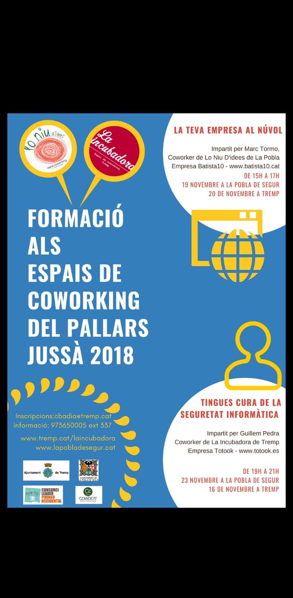 Dema comencem a #tremp amb el nostre curs de coworking al pallars, xarrada per a comerços i empreses per la seva seguretat informàtica. 
T'ESPEREM!!!