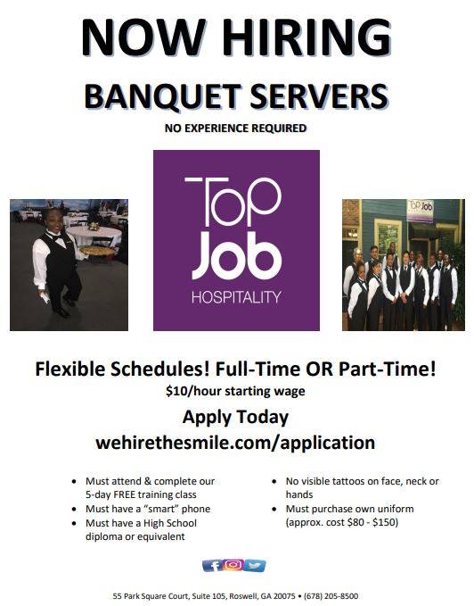 TJHospitality1's tweet photo. NOW HIRING!! 
We are offering a special December 1st &amp; 2nd weekend Banquet Server training! Flexible schedules! Full and Part Time Available! Apply now!! https://t.co/UIcXpEkQOR