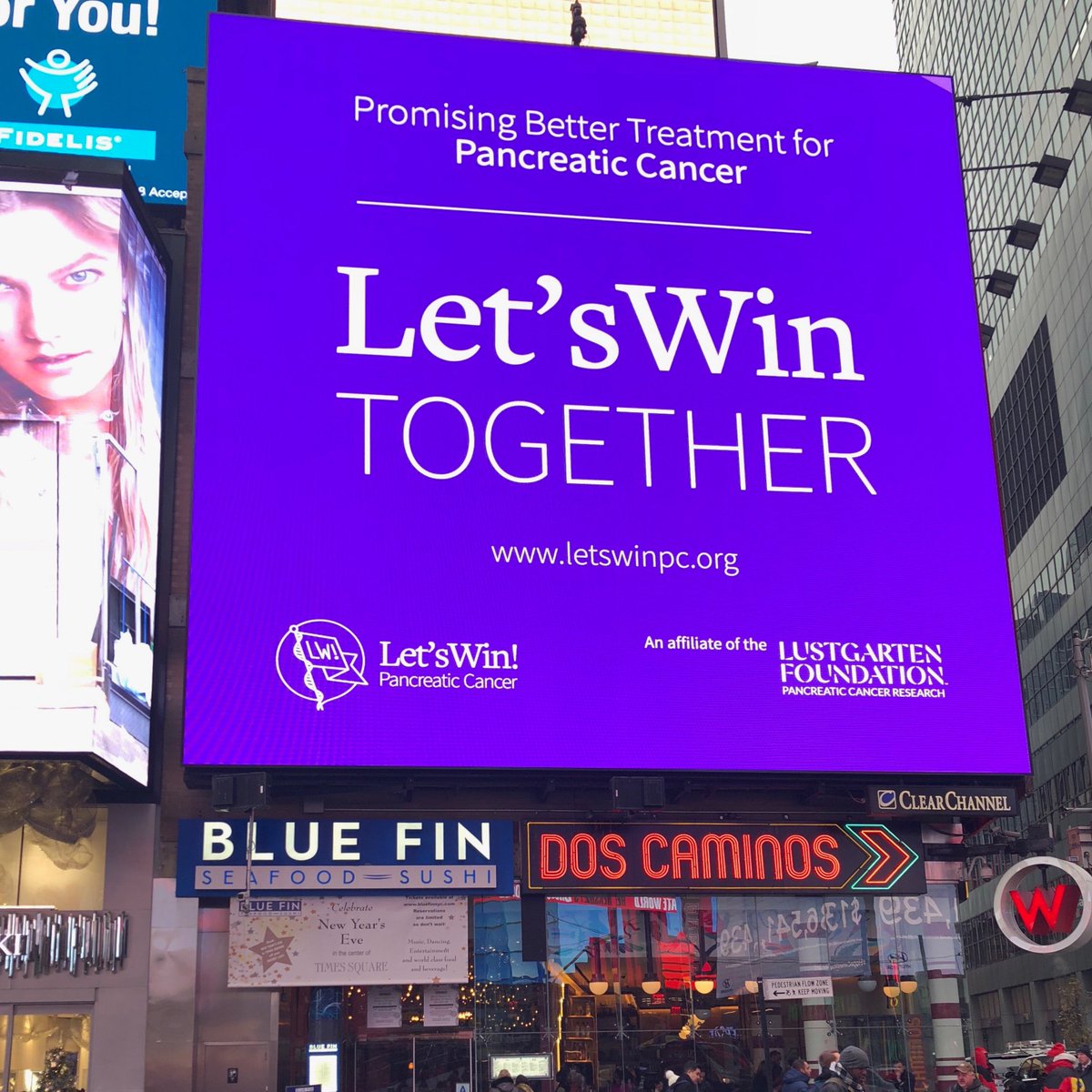 letswinpc's tweet photo. We're bringing awareness to @TimesSquareNYC today for #WorldPancreaticCancerDay! Many thanks to @CCOutdoorNA for this billboard to highlight such an important cause. @drallysonocean #WPCD https://t.co/ywYQRhPz2s