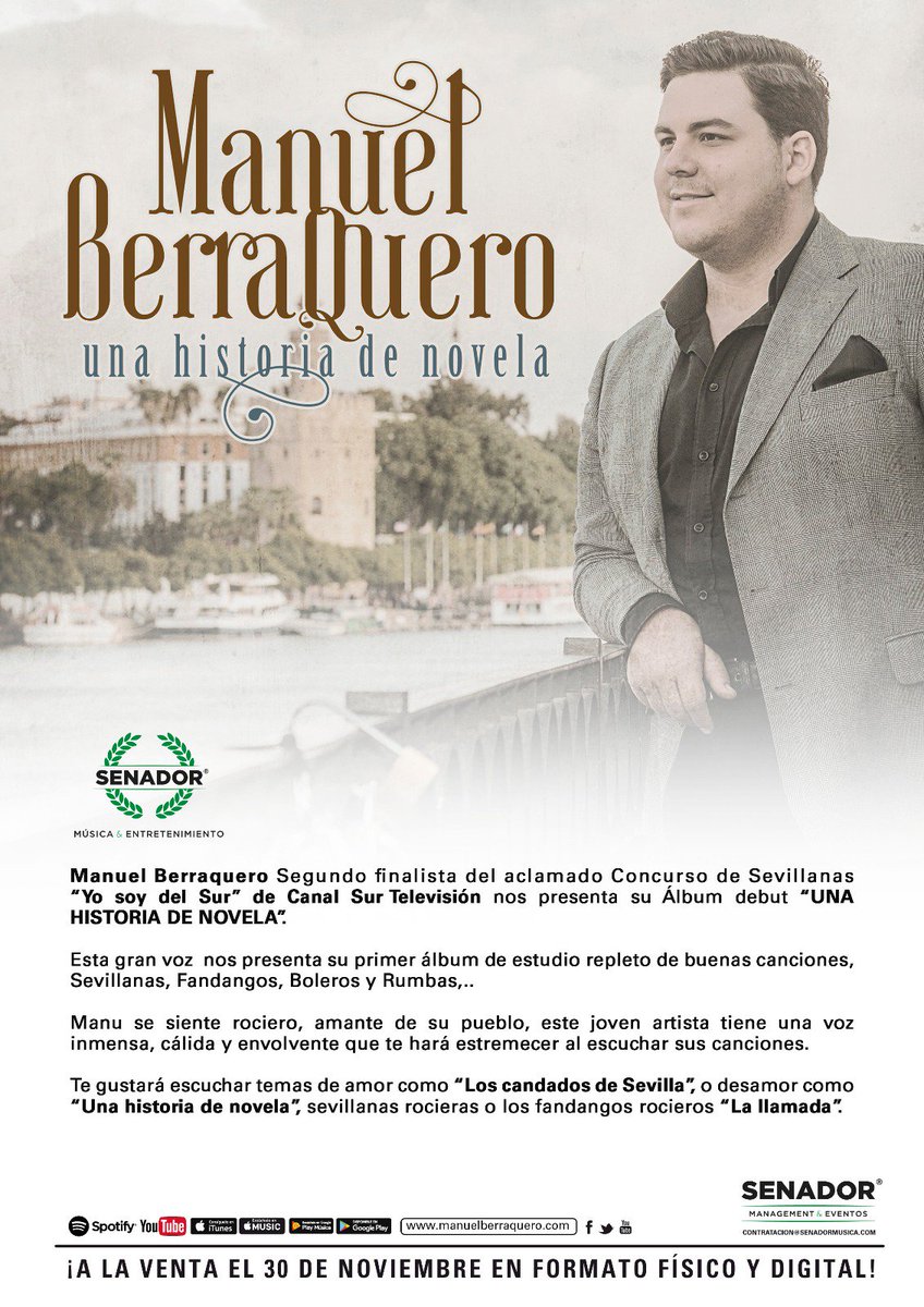 SenadorMusica's tweet photo. Ya te hemos contado que el NUEVO DISCO "Una historia de novela" de @ManuelBP92 verá la luz el próximo 30 de NOVIEMBRE, pero...

¿Sabes todo lo bueno que va a traer?

¡Aquí tienes unas pistas!

#ManuelBerraquero #artista #disco #UnaHistoriadeNovela #sevillanas #flamenco #rumba https://t.co/77FnOgD7S0