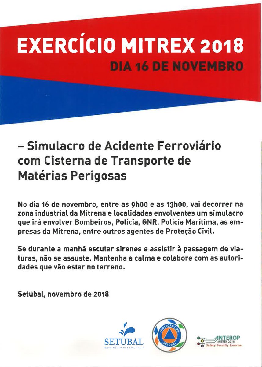 SetubalSos's tweet photo. #MITREX2018 - Exercício de #PROCIV é já amanhã (16) a partir das 09h00 e até às 13h00 na área nascente do Concelho. Se durante a manhã escutar sirenes 🚨e assistir à passagem de 🚒🚓, não se assuste. Colabore com as autoridades que vão estar no terreno. #SetúbalPreparada https://t.co/CTyFlZF2S5